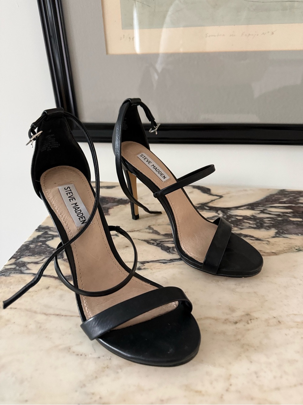Steve Madden Black Leather Ankle-Tie Stiletto Sandals